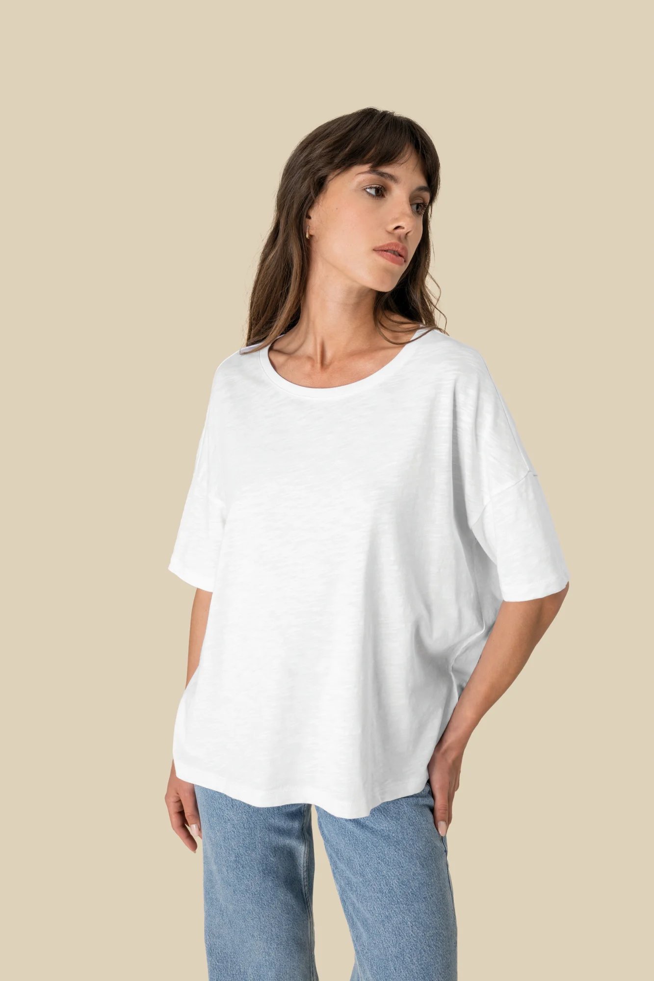 Spasso Ecologisch oversized dames slub-T-shirt met afhangende schouders