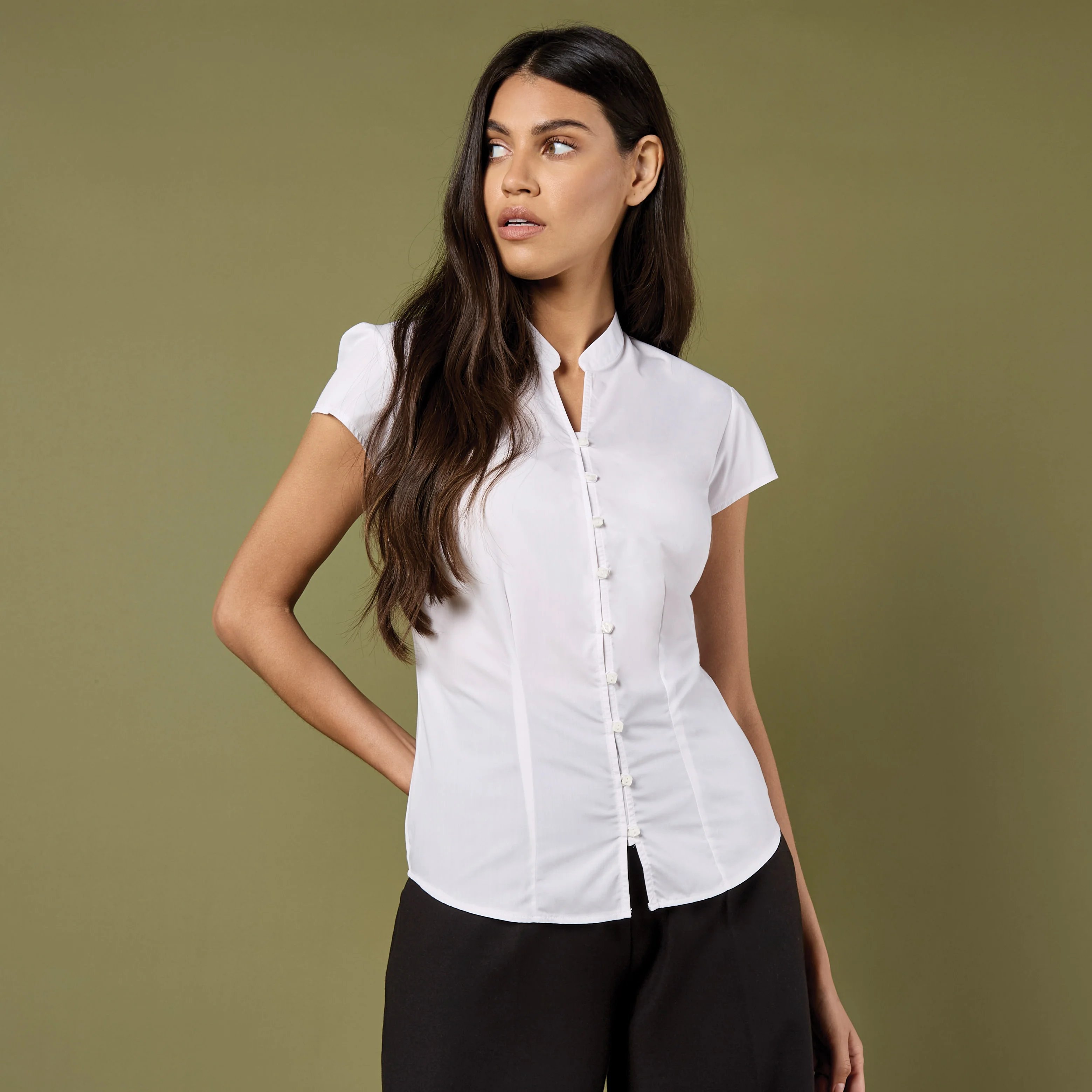 Kustom Kit Women`s Tailored Fit Mandarin Collar Blouse SSL