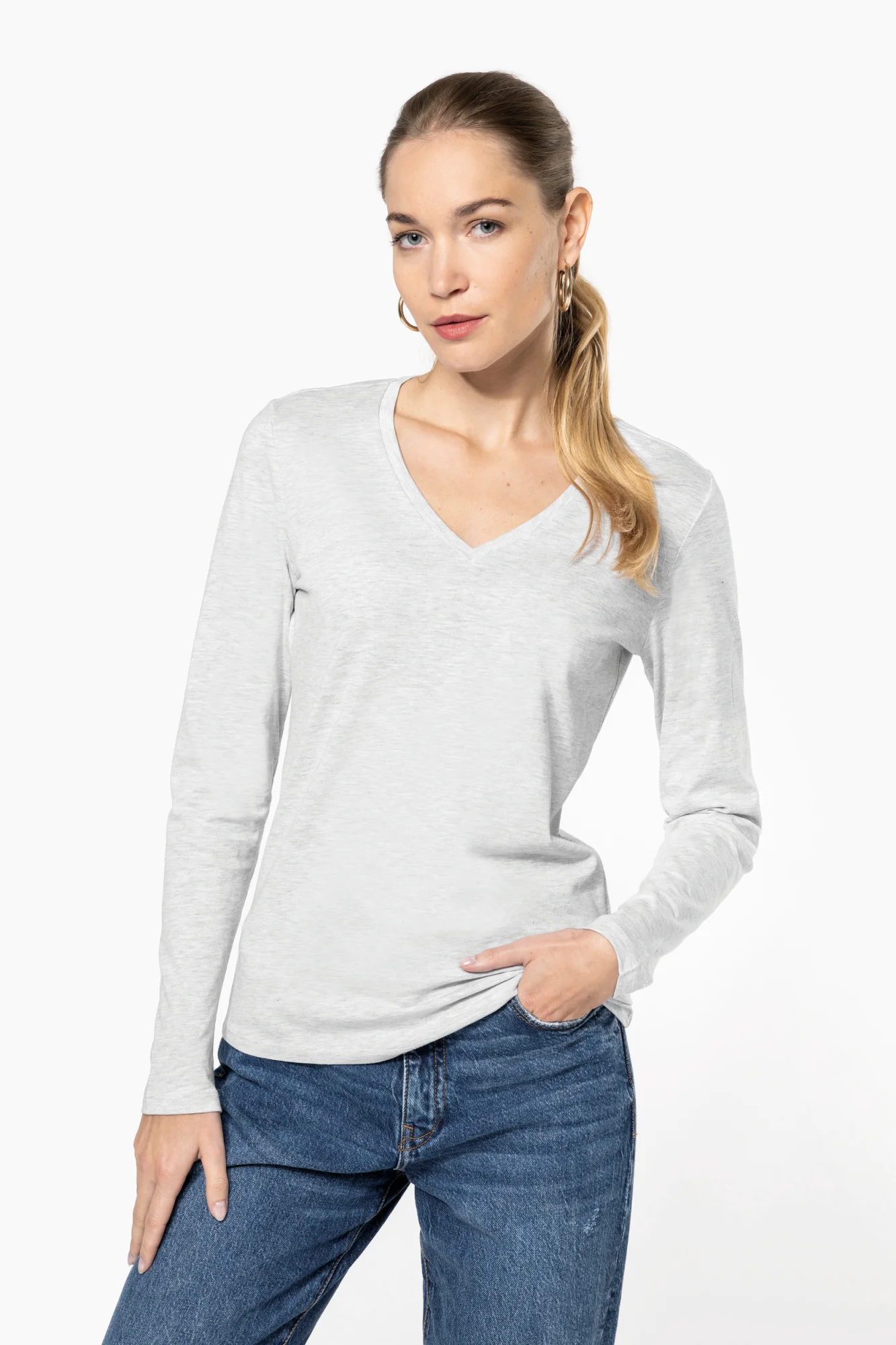 Kariban Dames T-shirt V-hals lange mouwen