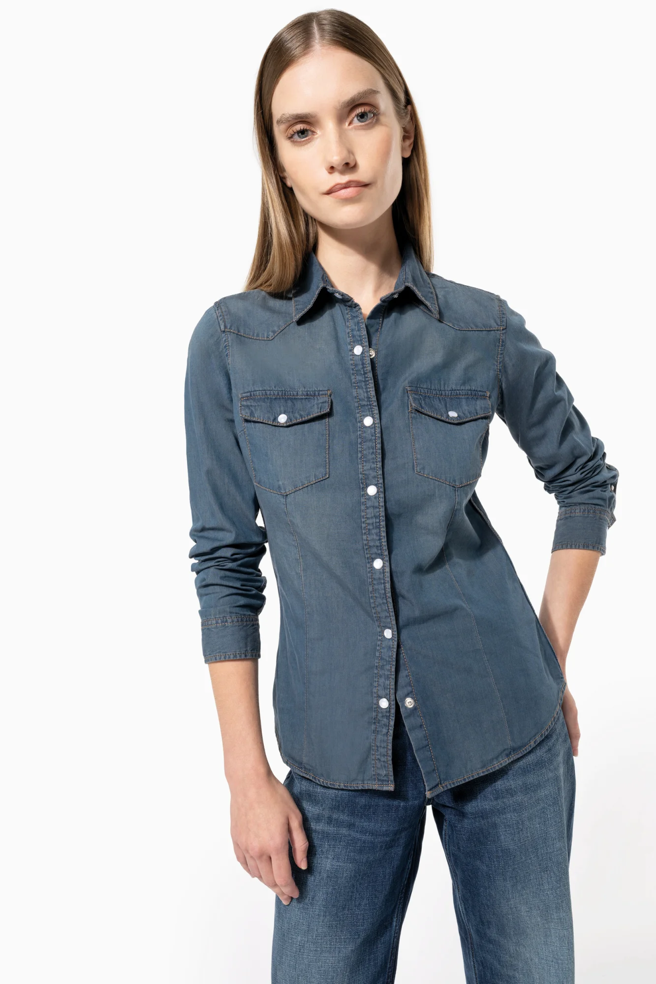 Kariban Dames denim blouse lange mouwen