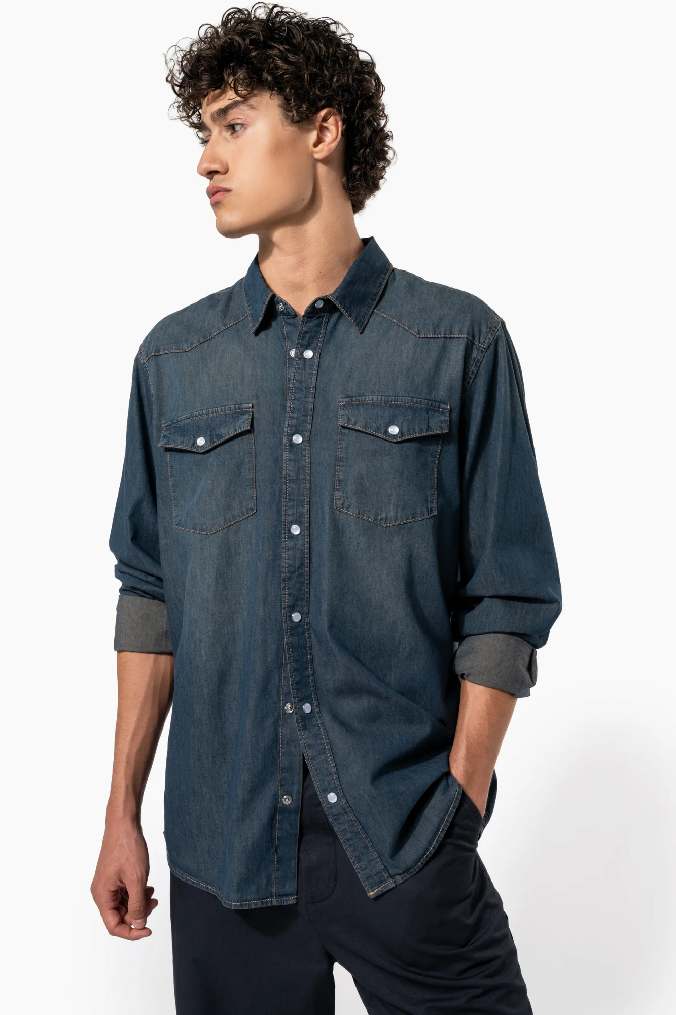 Kariban Heren denim overhemd lange mouwen