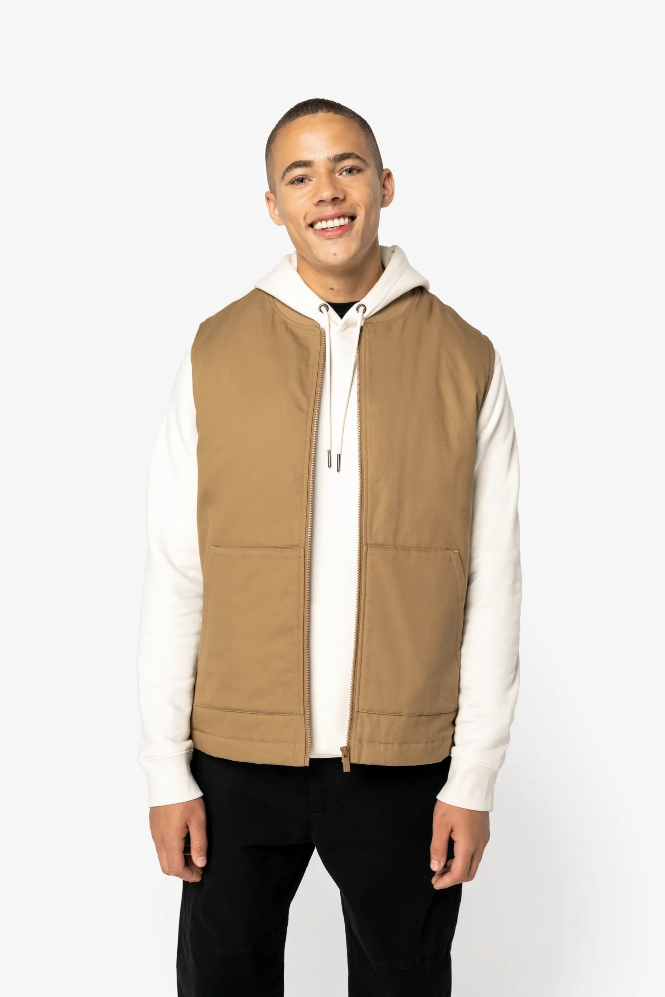 Native Spirit Ecologische gevoerde uniseks bodywarmer van twill met teddykraag
