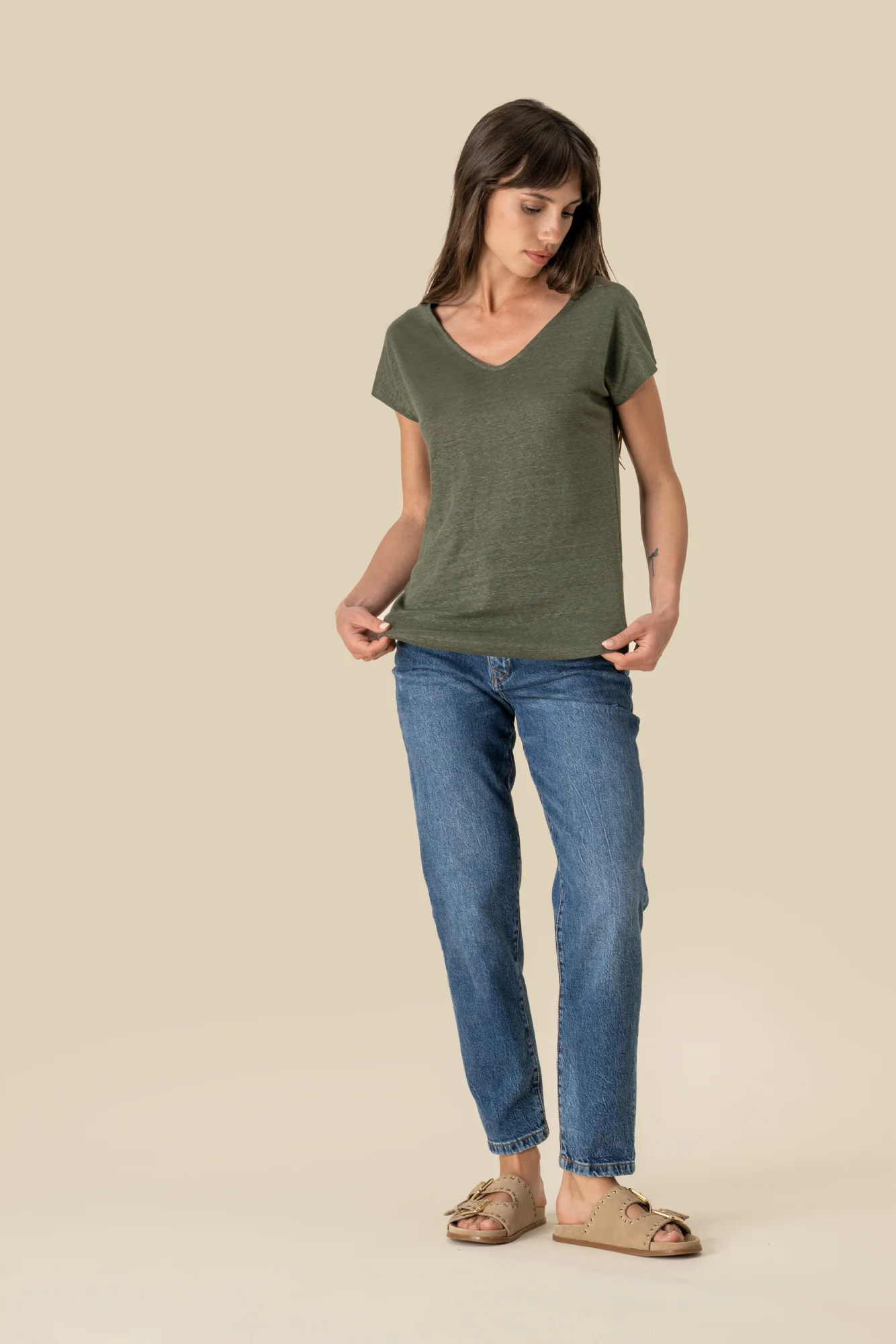 Spasso Linnen dames-t-shirt V-hals