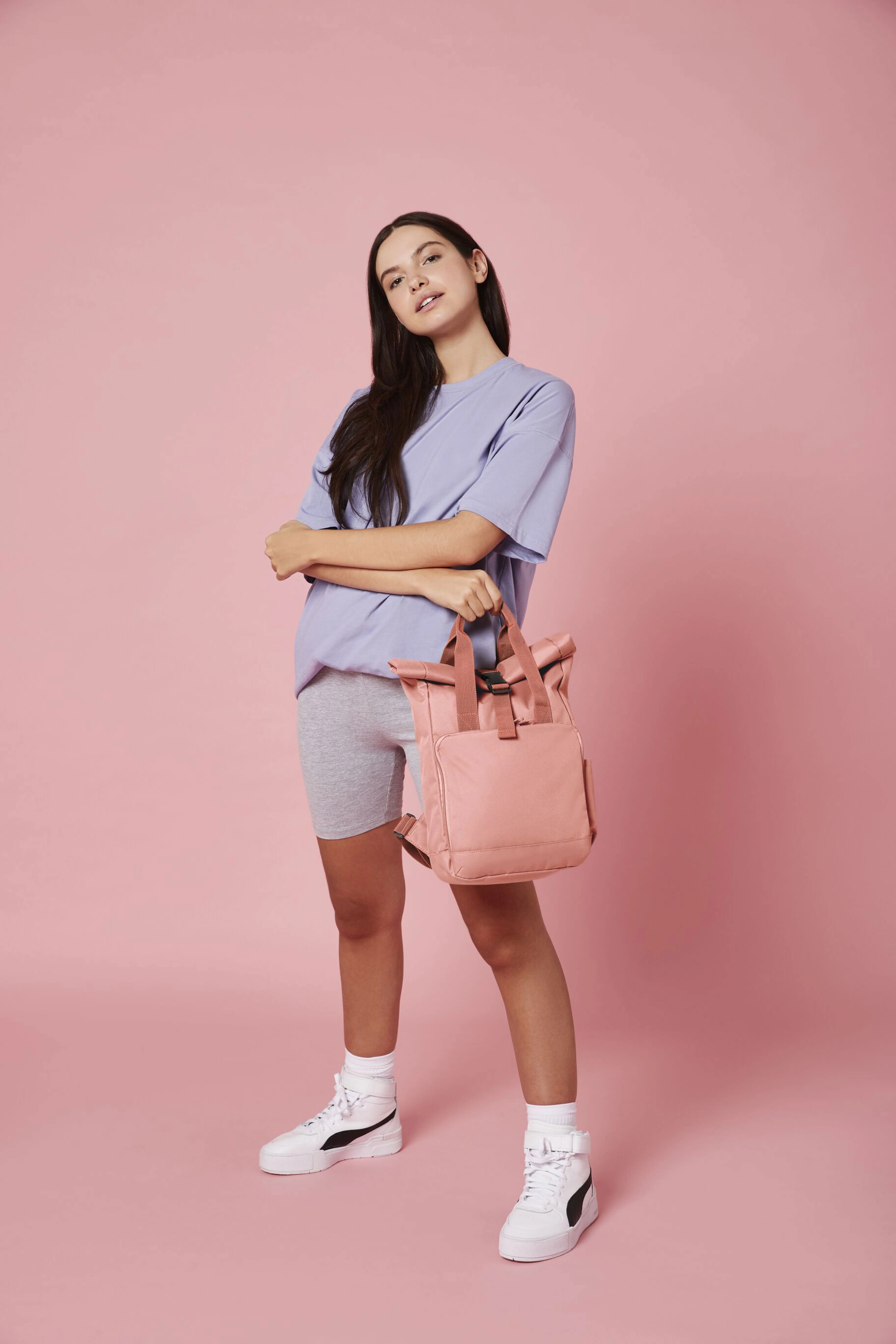 Recycled mini twin handle roll-top backpack