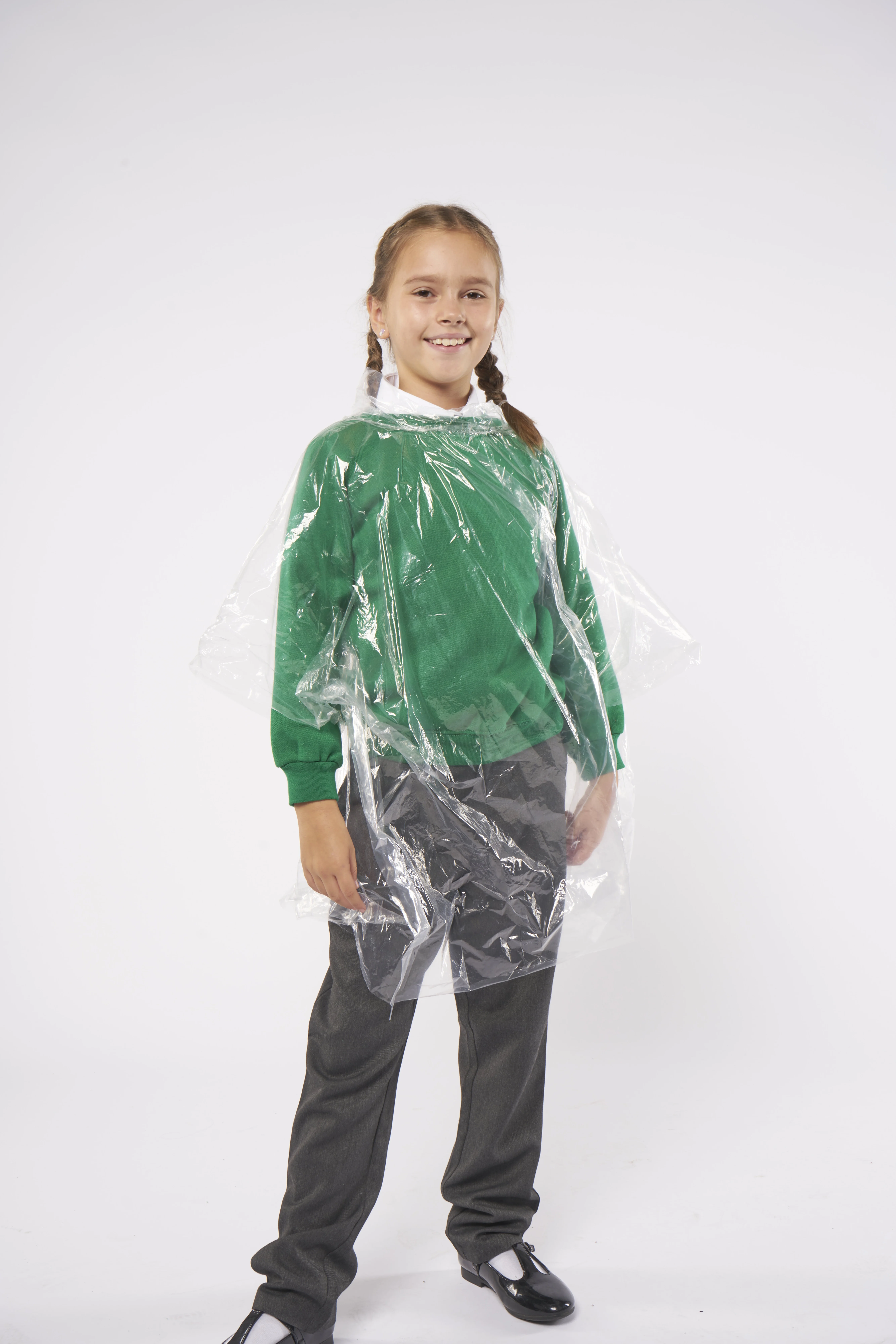 Kids emergency hooded plastic poncho