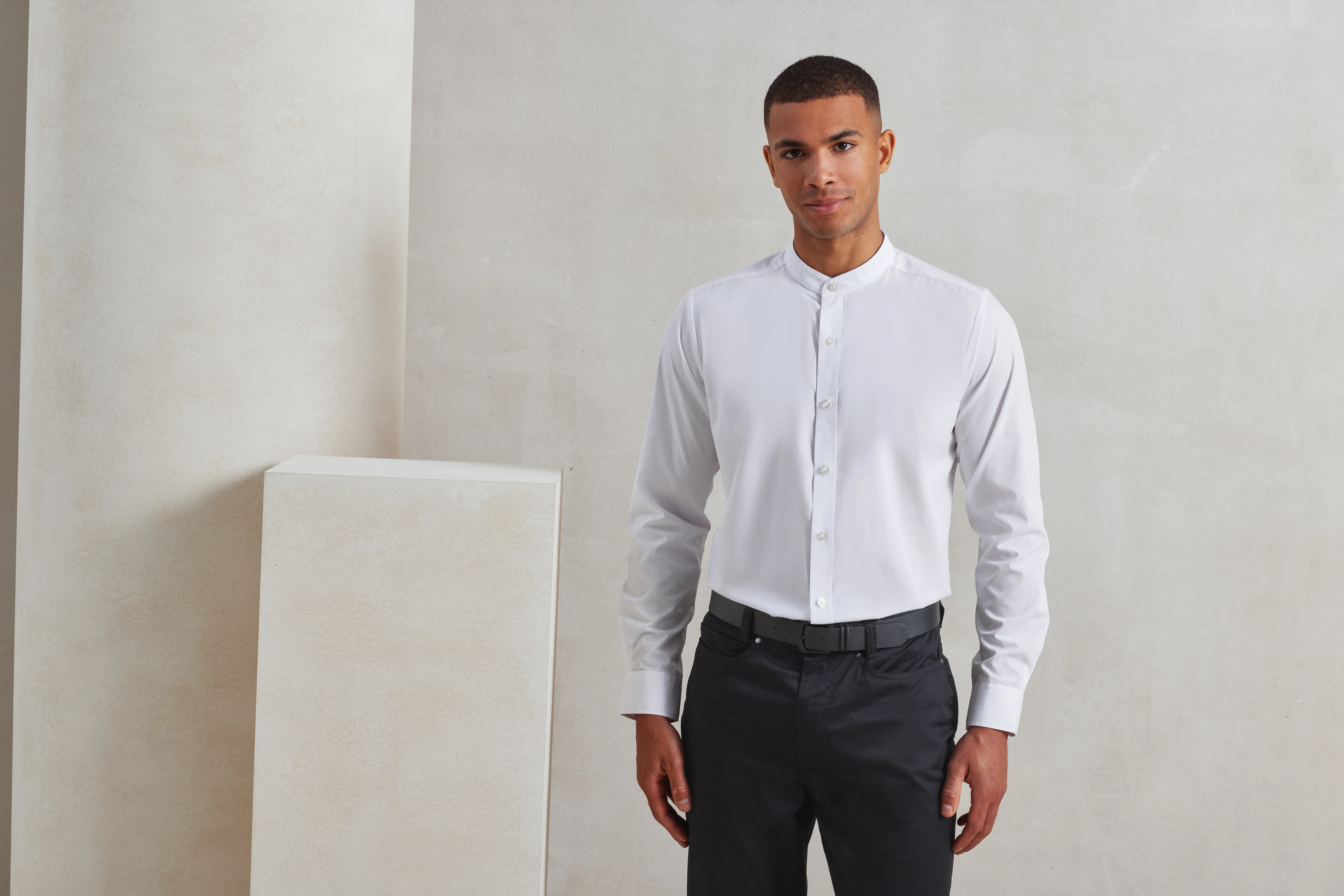 Banded collar grandad long sleeve shirt