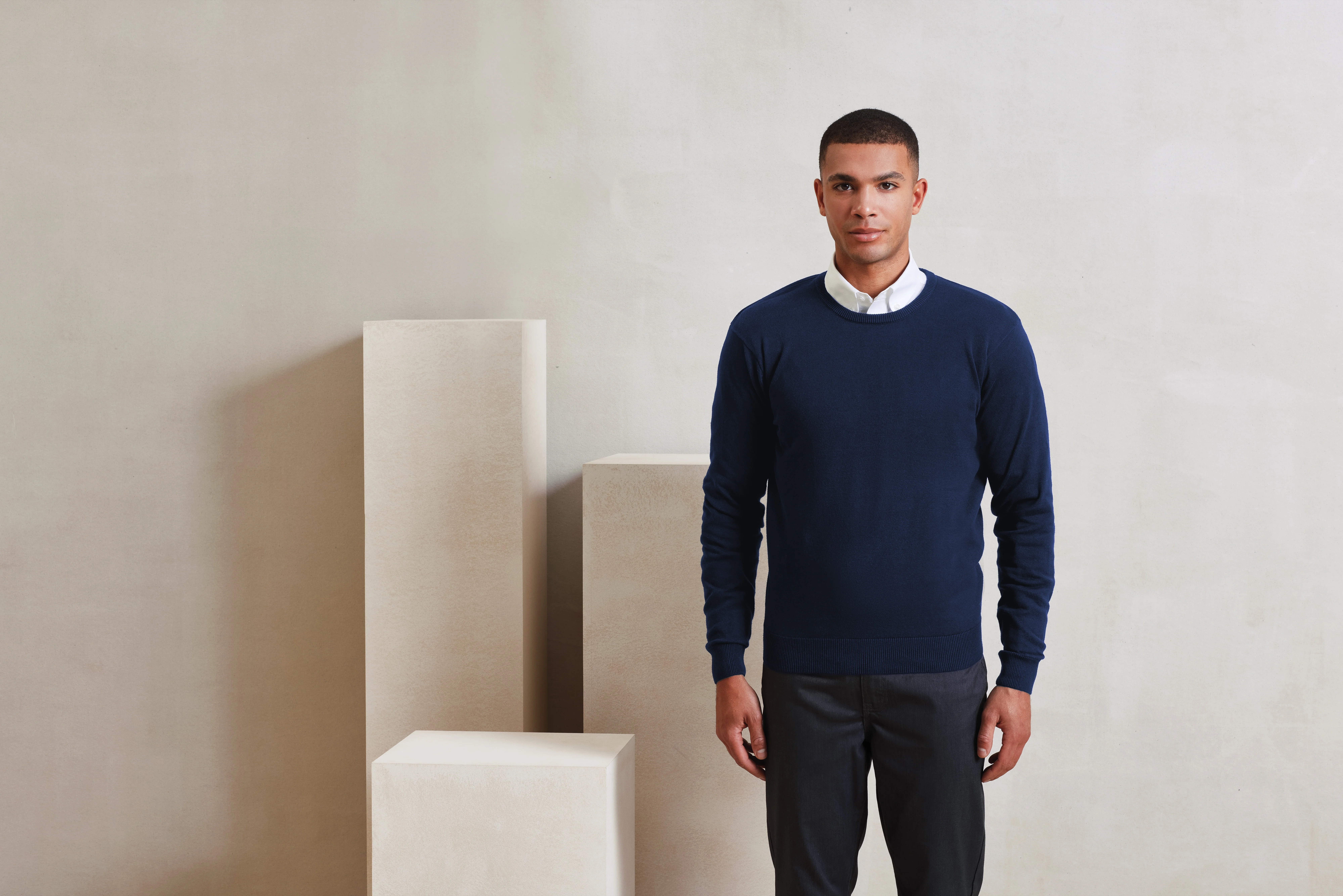 Crew neck cotton-rich knitted sweater
